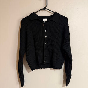A New Day Black Cable Knit Collared Button Up Sweater Size Small